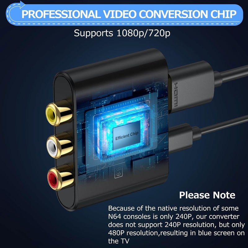 CAMWAY محول RCA إلى HDMI - تحويل 16:9/4:3 محول AV إلى HDMI بدقة 1080P لجهاز Wii/PS1/PS2/N64/X-box/DVD/VCR، محول فيديو وصوت CVBS مع كابل HDMI يدعم PAL و NTSC - Image 3